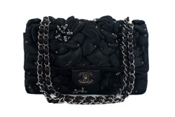 Chanel Black Satin 2020 Medium Star Camellia Double Flap Bag