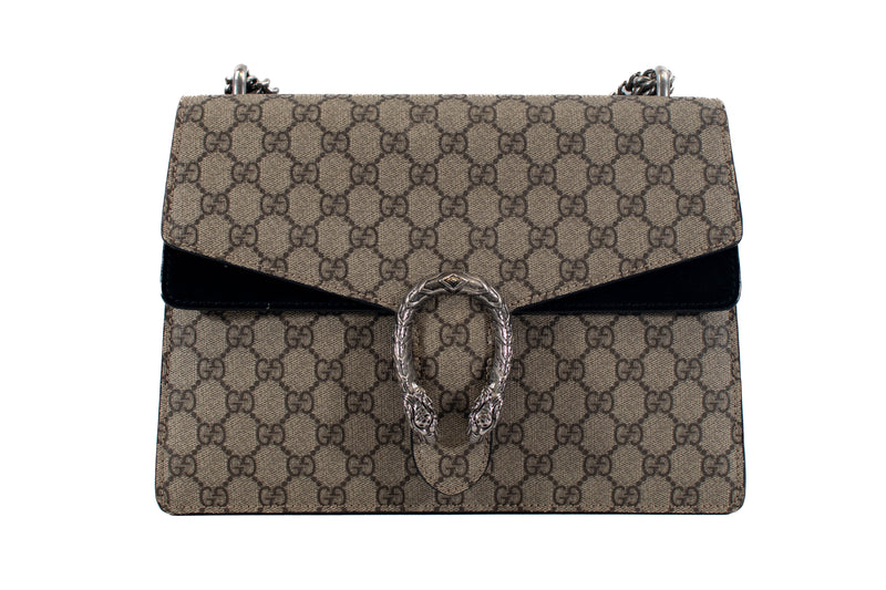 Gucci Black & Beige Small GG Supreme Monogram Crystal Small Dionysus Shoulder Bag