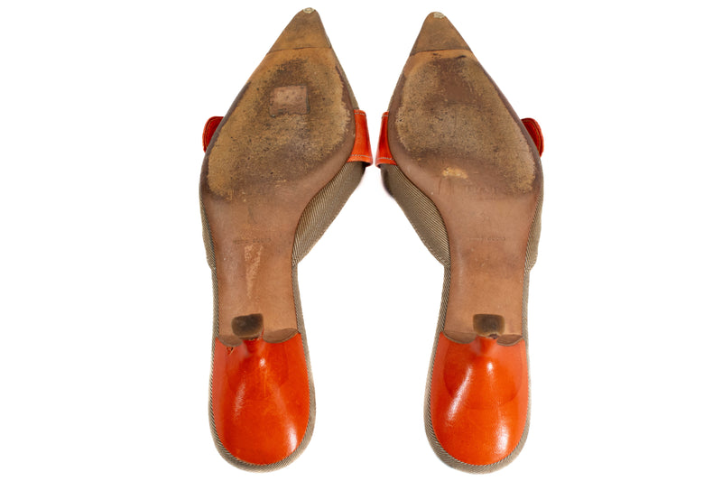 Prada Orange Leather & Canvas Buckle Kitten Heels Size 38
