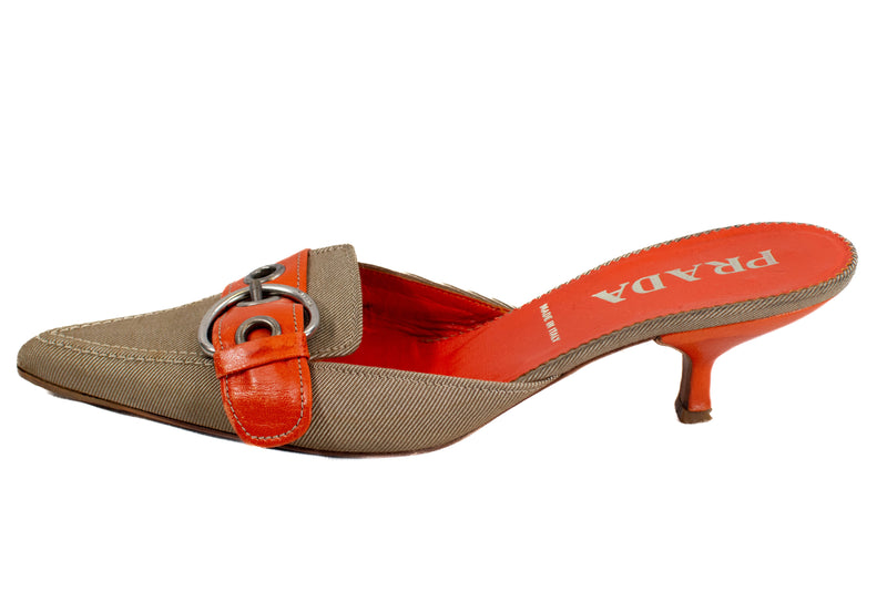 Prada Orange Leather & Canvas Buckle Kitten Heels Size 38