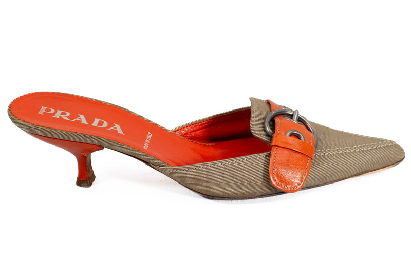 Prada Orange Leather & Canvas Buckle Kitten Heels Size 38