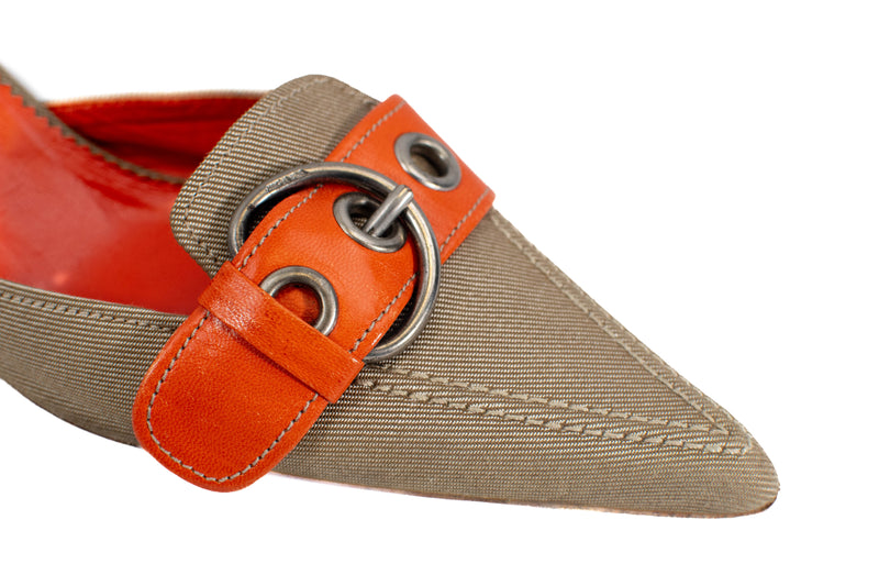 Prada Orange Leather & Canvas Buckle Kitten Heels Size 38
