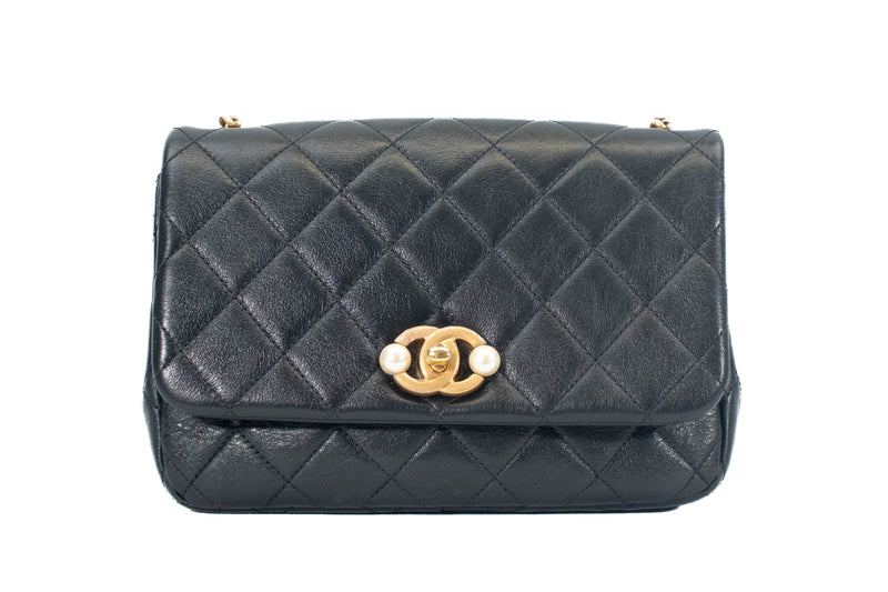 Chanel Glazed Black Calfskin Quilted Mini Pearl Side Flap 2022