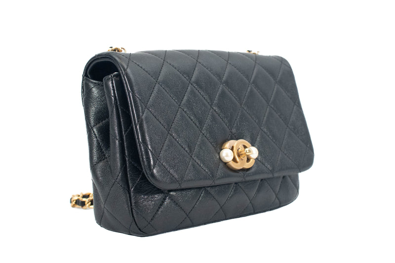 Chanel Glazed Black Calfskin Quilted Mini Pearl Side Flap 2022