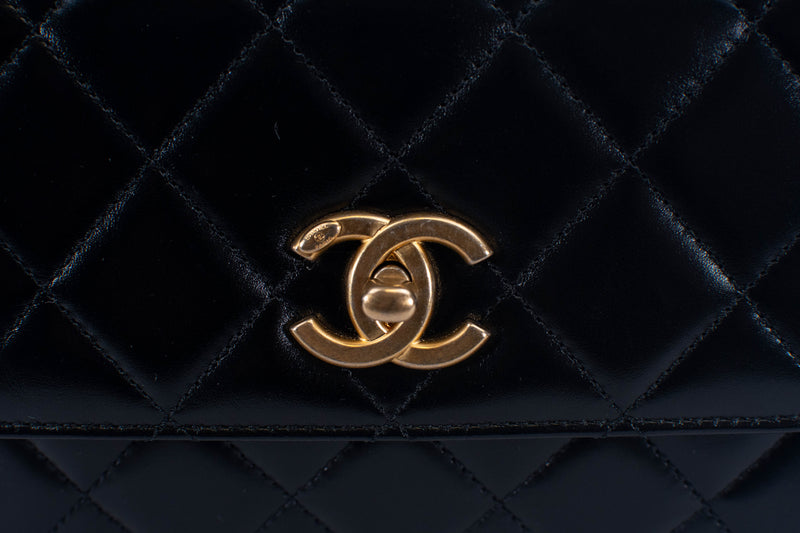 Chanel Mini Black Lambskin Quilted Chain Top Handle Clutch
