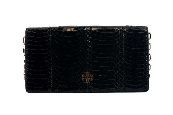 Tory Burch Black Crocodile Embossed Leather Clutch Shoulder Bag