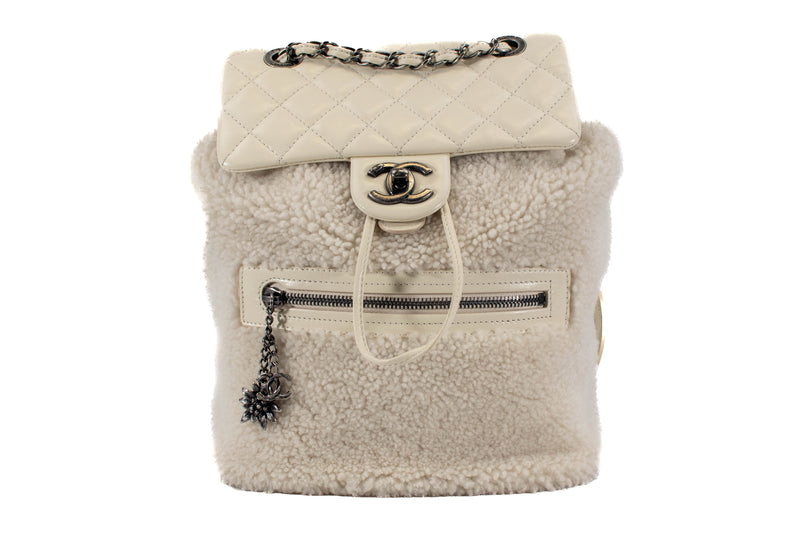 Chanel Mountain Backpack Cream Shearling with Quilted Calfskin