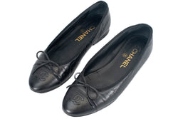 Chanel  Black Leather Cap-Toe CC Bow Ballet Flats CC Size 36.5
