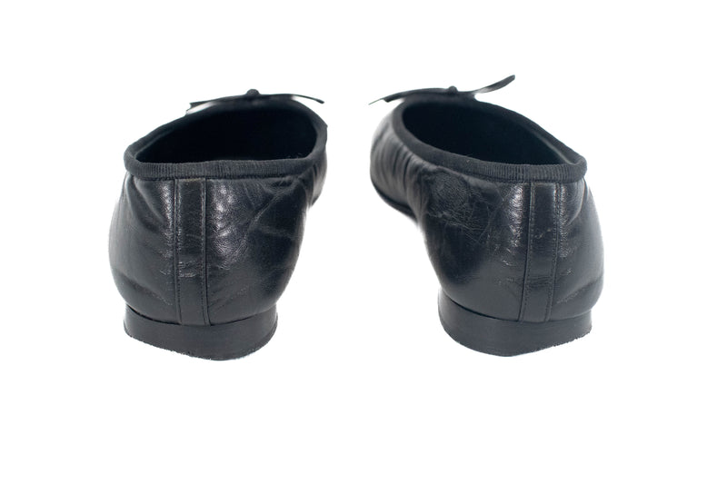 Chanel  Black Leather Cap-Toe CC Bow Ballet Flats CC Size 36.5