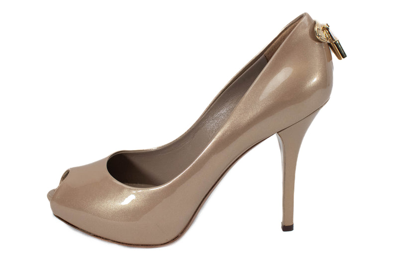 Louis Vuitton 'Oh Really" Light Brown Patent Leather Open Toe Pumps Size 36.5
