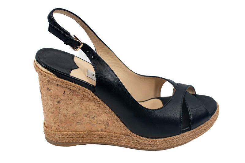 Jimmy Choo Black Leather & Cork Amely Slingback Wedges Size 38.5