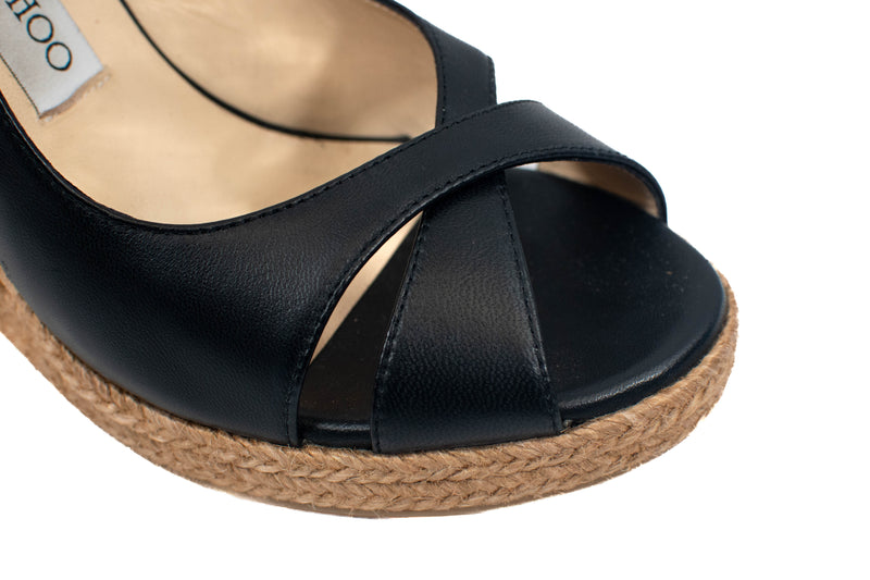 Jimmy Choo Black Leather & Cork Amely Slingback Wedges Size 38.5