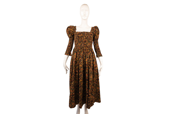 Doen Green Orange Floral Smocked Cotton Dress Size S – On Que Style Doen Green Orange Floral Smocked Cotton Dress Size S – On Que Style