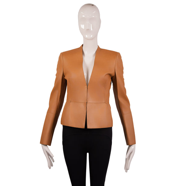 Akris Brown Leather Collarless Jacket Size 4