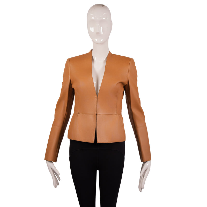 Akris Brown Leather Collarless Jacket Size 4