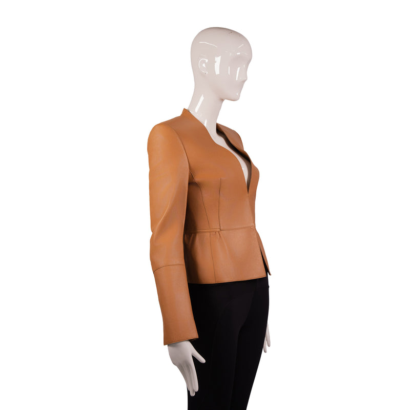 Akris Brown Leather Collarless Jacket Size 4