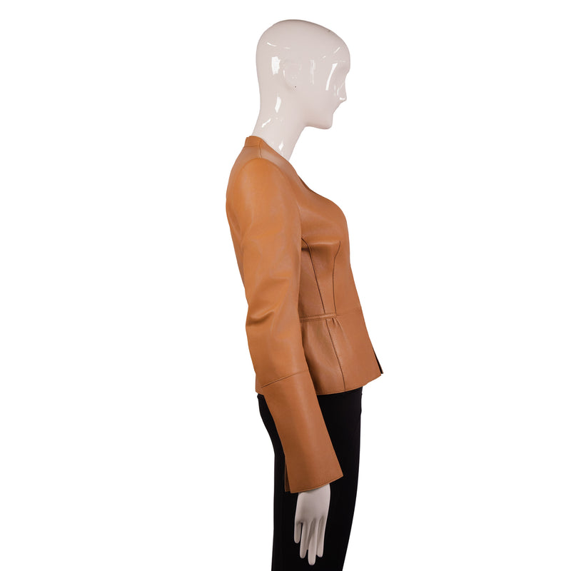 Akris Brown Leather Collarless Jacket Size 4