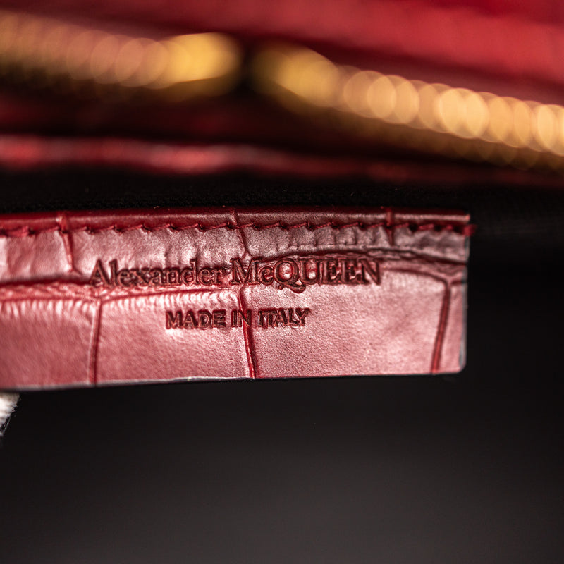 Alexander McQueen Burgundy Padlock Zip Around Croc Embossed Tote