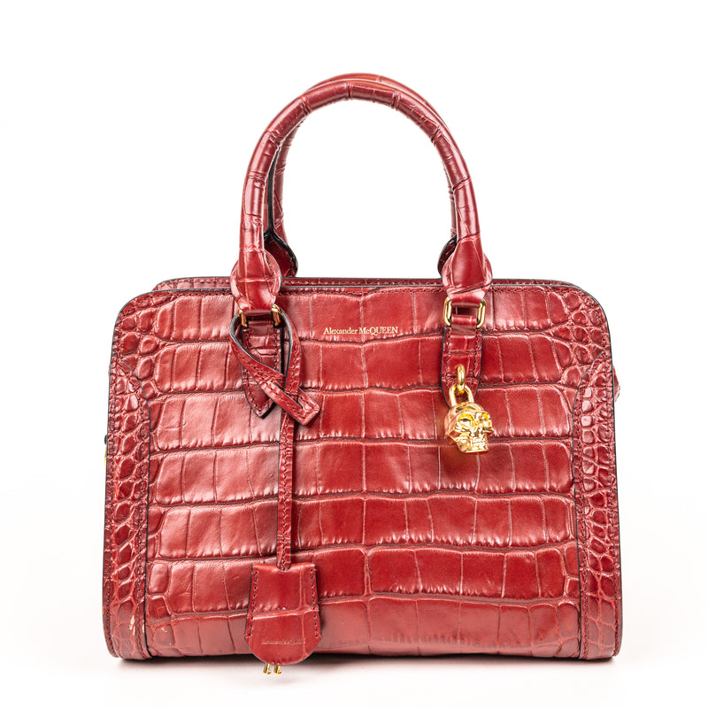 Alexander McQueen Burgundy Padlock Zip Around Croc Embossed Tote