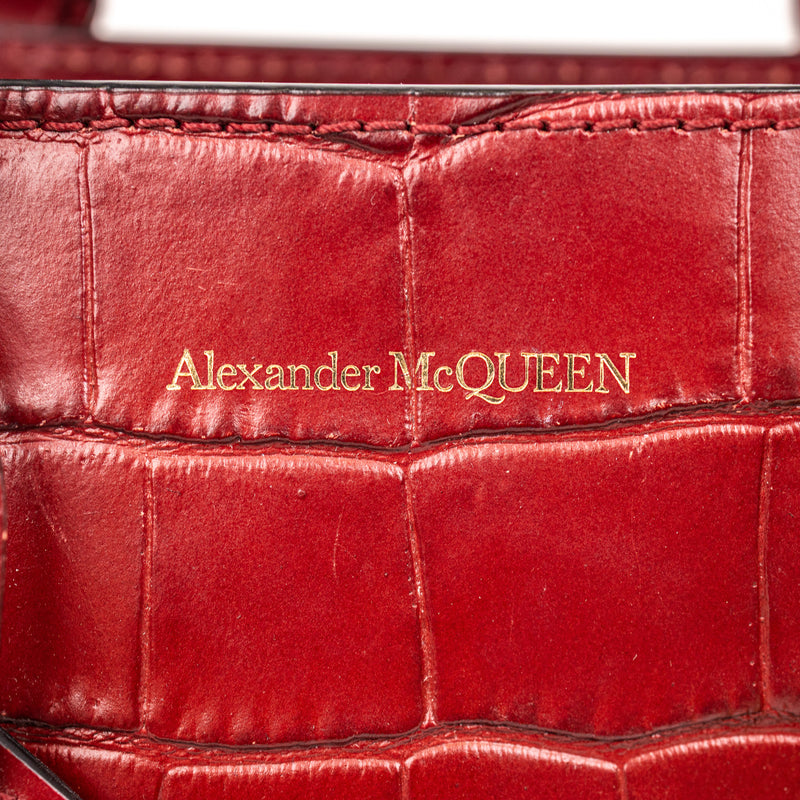 Alexander McQueen Burgundy Padlock Zip Around Croc Embossed Tote