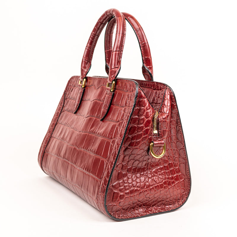 Alexander McQueen Burgundy Padlock Zip Around Croc Embossed Tote