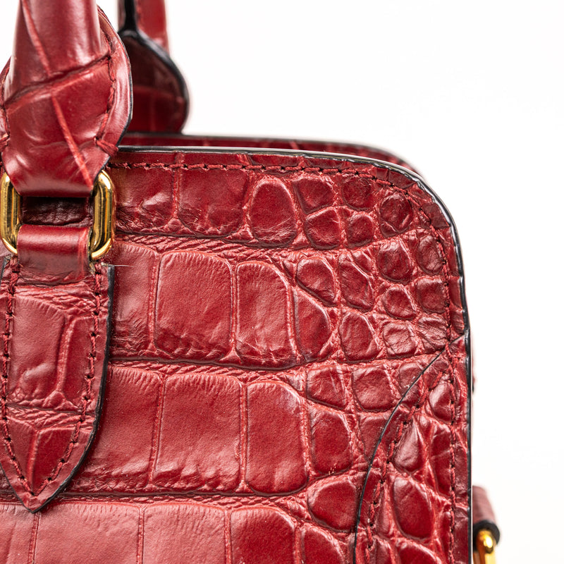 Alexander McQueen Burgundy Padlock Zip Around Croc Embossed Tote
