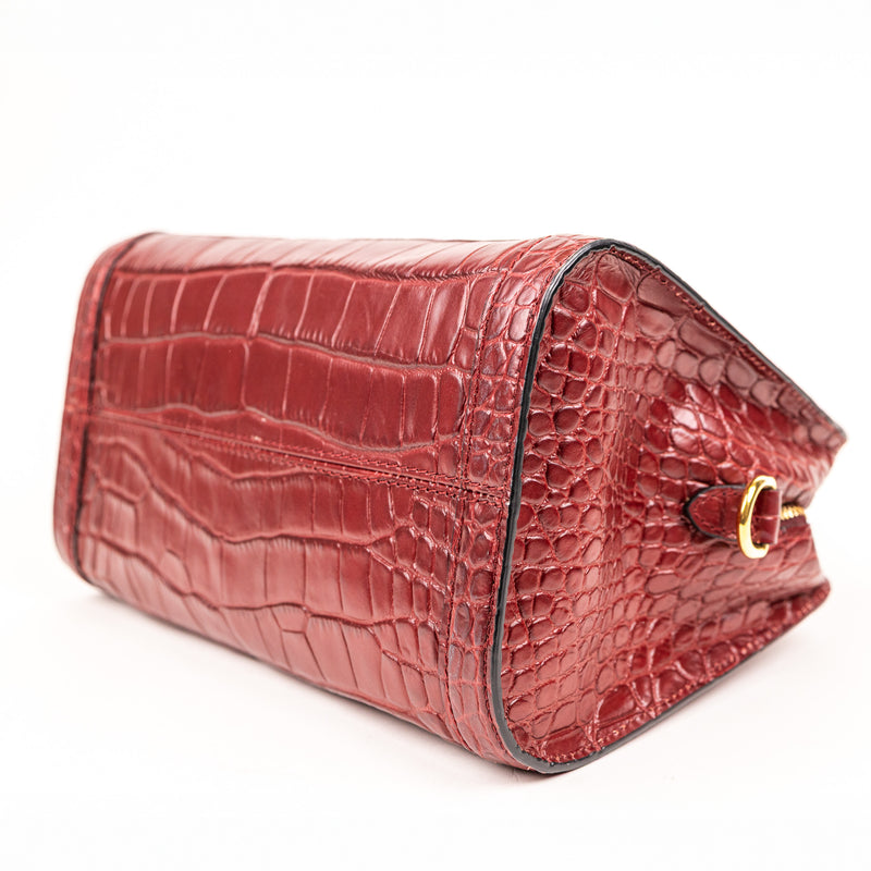 Alexander McQueen Burgundy Padlock Zip Around Croc Embossed Tote