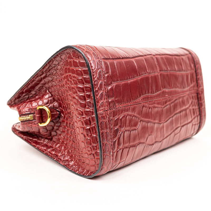 Alexander McQueen Burgundy Padlock Zip Around Croc Embossed Tote