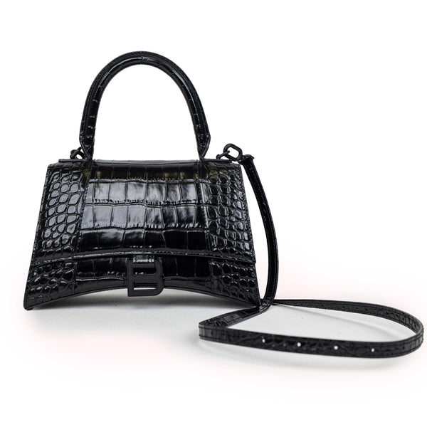 Balenciaga Black Hourglass Embossed Croc Leather Handbag