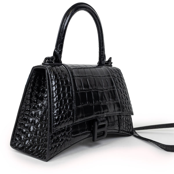Balenciaga Black Hourglass Embossed Croc Leather Handbag
