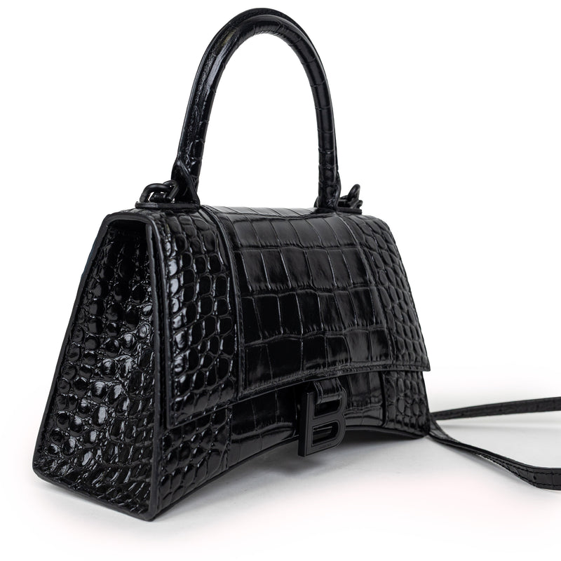 Balenciaga Black Hourglass Embossed Croc Leather Handbag