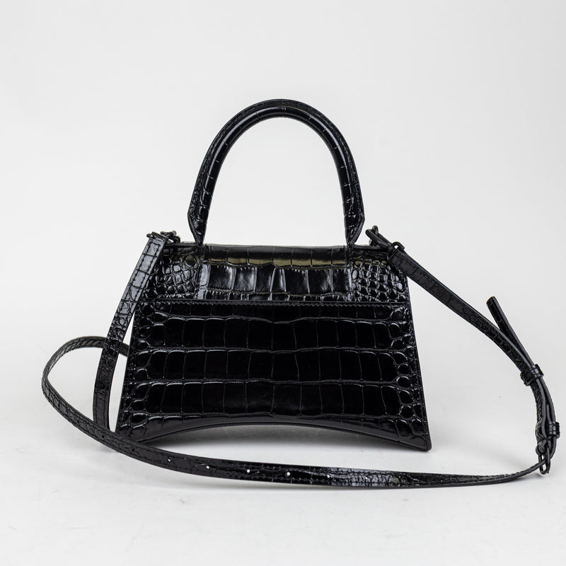 Balenciaga Black Hourglass Embossed Croc Leather Handbag