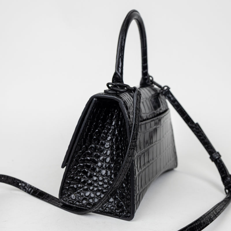 Balenciaga Black Hourglass Embossed Croc Leather Handbag