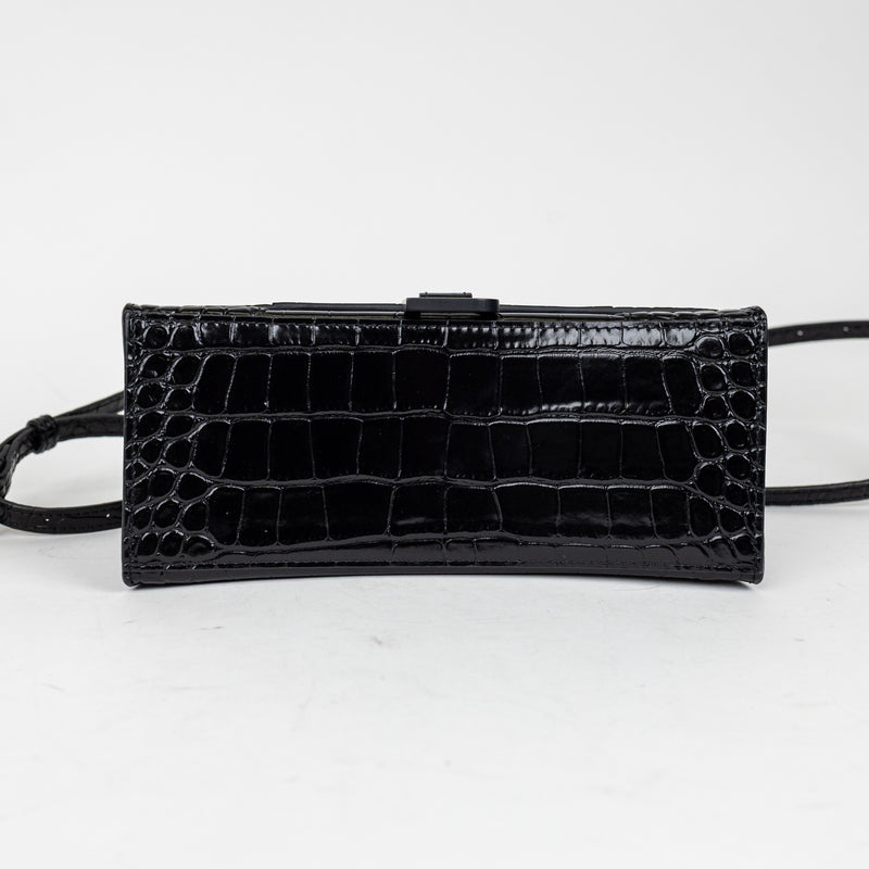 Balenciaga Black Hourglass Embossed Croc Leather Handbag