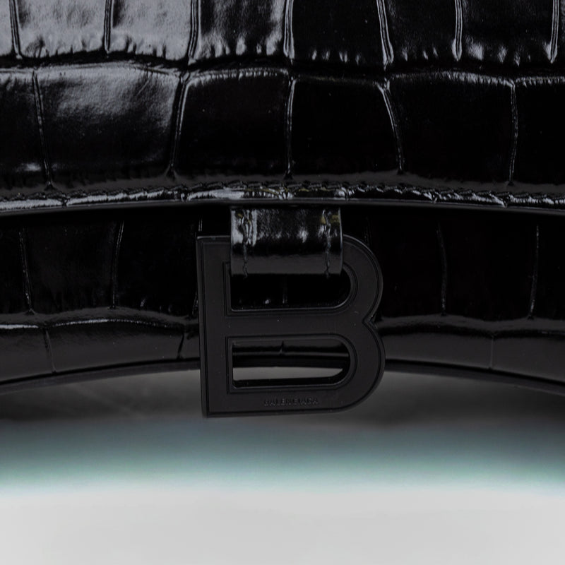 Balenciaga Black Hourglass Embossed Croc Leather Handbag