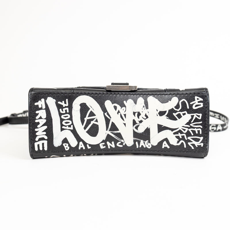 Balenciaga Black and White Leather Graffit Hourglass Graffit Top Handle Bag