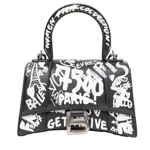 Balenciaga Black and White Leather Graffit Hourglass Graffit Top Handle Bag