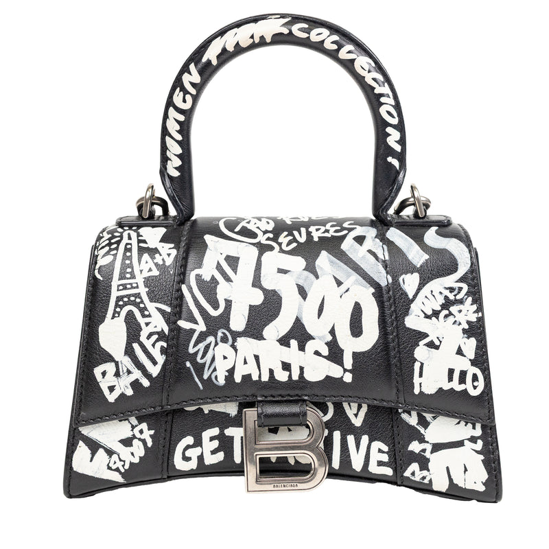 Balenciaga Black and White Leather Graffit Hourglass Graffit Top Handle Bag