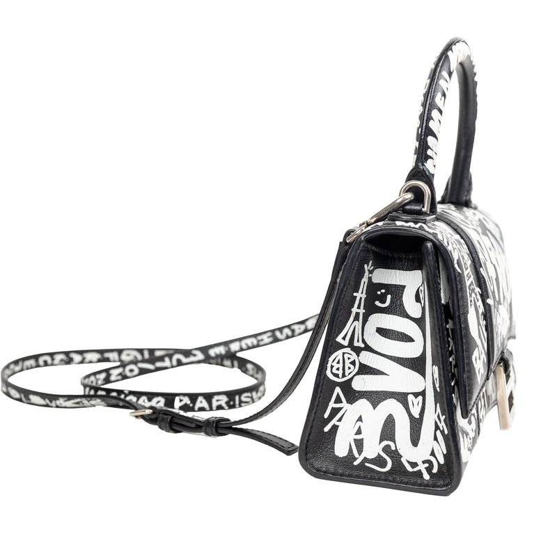 Balenciaga Black and White Leather Graffit Hourglass Graffit Top Handle Bag