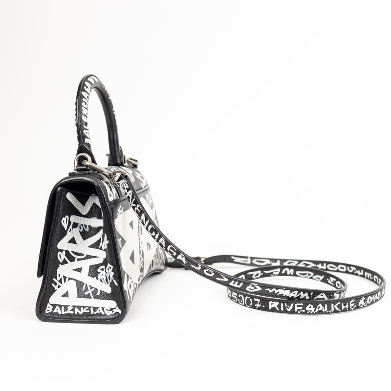 Balenciaga Black and White Leather Graffit Hourglass Graffit Top Handle Bag