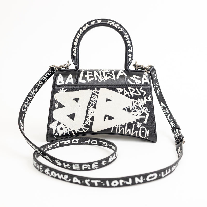 Balenciaga Black and White Leather Graffit Hourglass Graffit Top Handle Bag