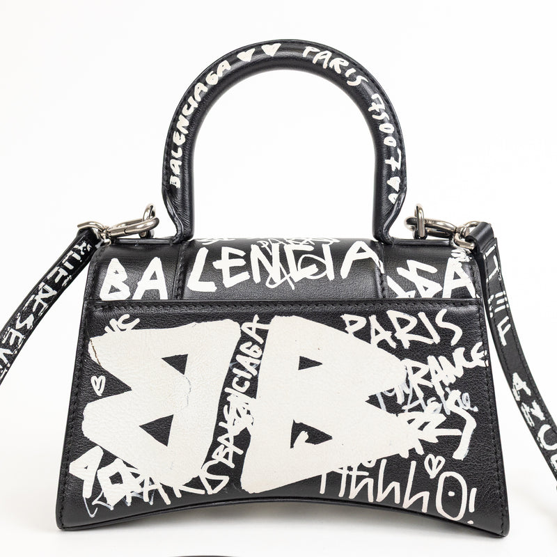 Balenciaga Black and White Leather Graffit Hourglass Graffit Top Handle Bag