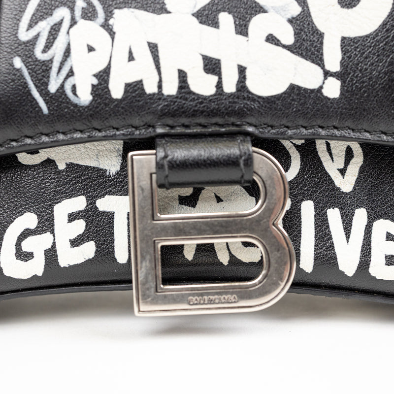 Balenciaga Black and White Leather Graffit Hourglass Graffit Top Handle Bag