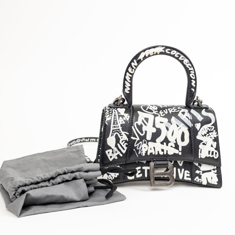 Balenciaga Black and White Leather Graffit Hourglass Graffit Top Handle Bag