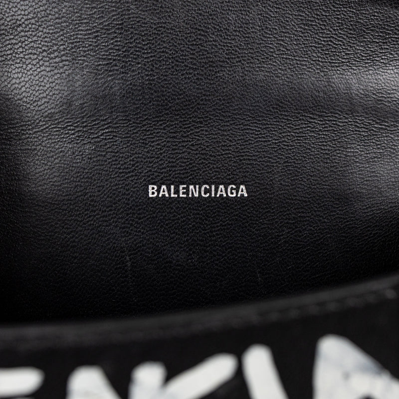 Balenciaga Black and White Leather Graffit Hourglass Graffit Top Handle Bag