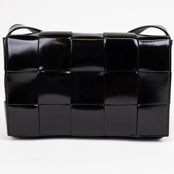 Bottega Veneta Black Patent Leather Spazzolato Woven Cassette Bag