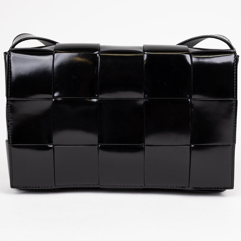 Bottega Veneta Black Patent Leather Spazzolato Woven Cassette Bag