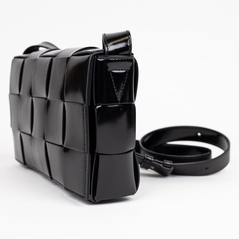 Bottega Veneta Black Patent Leather Spazzolato Woven Cassette Bag