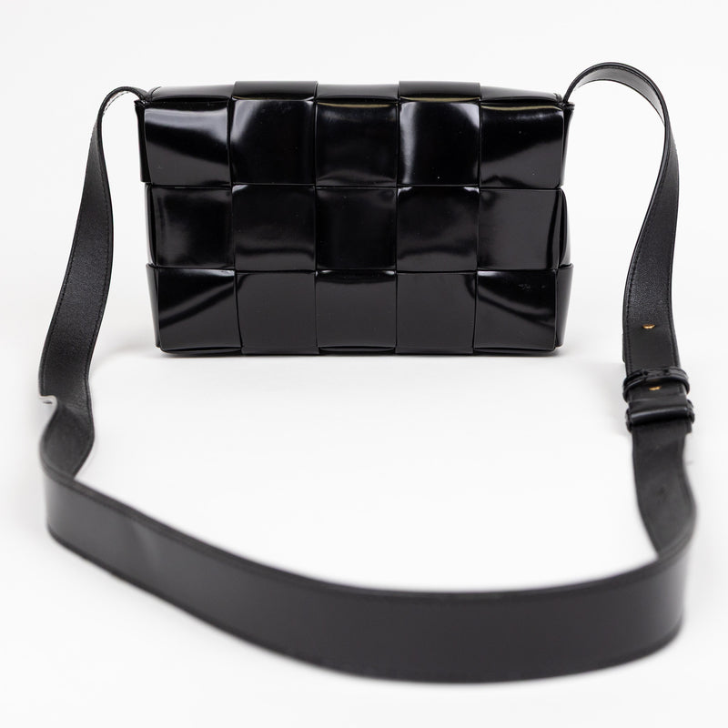 Bottega Veneta Black Patent Leather Spazzolato Woven Cassette Bag