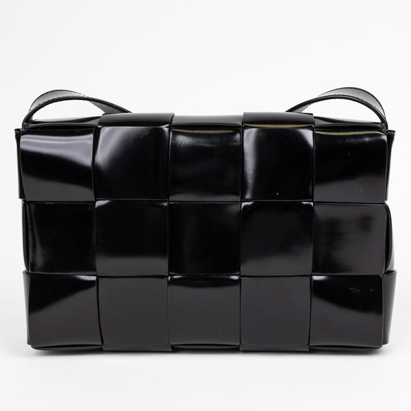 Bottega Veneta Black Patent Leather Spazzolato Woven Cassette Bag